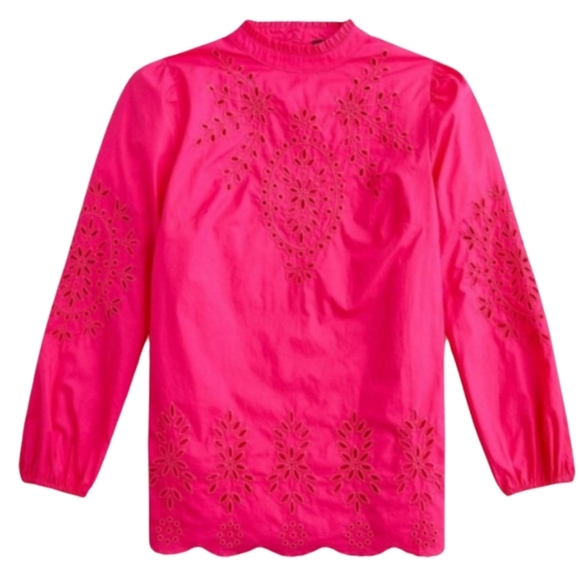 J.Crew Mock Neck Embroidered Eyelet Cotton Poplin Top In Fuschia Blossom - Picture 10 of 16
